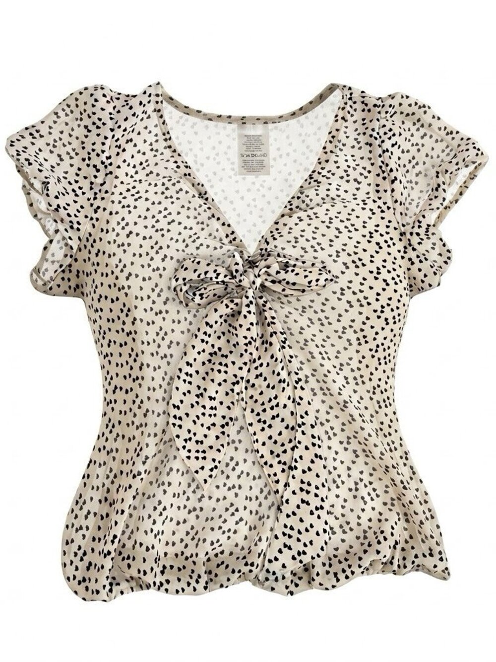 Max Edition Heart Print V-Neck Tie Front Blouse Flutter Sleeve Top Size L
